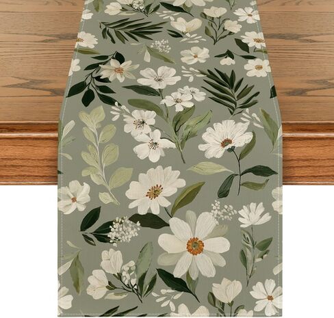 Artoid Mode Olive Green Daisy Flowers 210 GSM Spring Table Runner, Seasonal Summer Kitchen Dining Table Decoration for Home Party Decor 13x72 Inch in Saudi Arabia