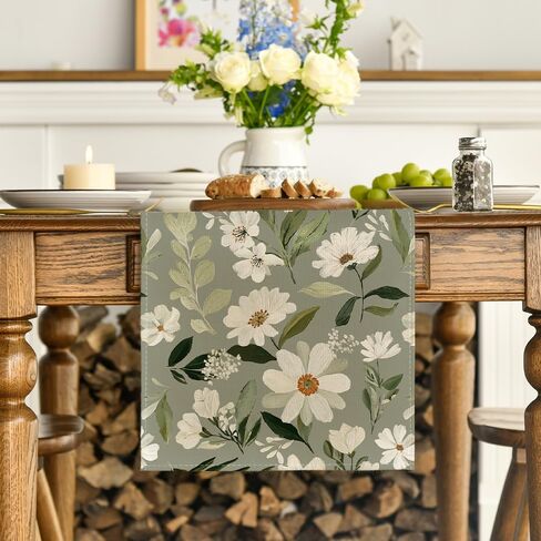 Artoid Mode Olive Green Daisy Flowers 210 GSM Spring Table Runner, Seasonal Summer Kitchen Dining Table Decoration for Home Party Decor 13x72 Inch in Saudi Arabia