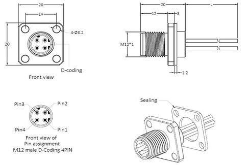 M12 Connector 4Pin D-Code Male Flange Seat Welding Wire Type Aviation in Kuwait
