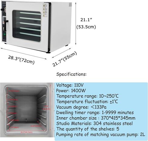 فرن تجفيف الفراغ الرقمي 1.9 قدم مكعب للتحكم في درجة الحرارة فرن معالجة حرارية لتجفيف المختبر الصناعي مع 5 طبقات، 110 فولت، 1400 وات in Kuwait