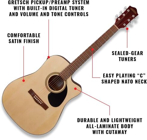 Gretsch Prelude D100CE Dreadnought Cutaway Acoustic/Electric Guitar, Beginner Guitar, Natural/Black in Saudi Arabia