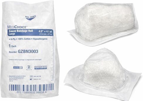 MediChoice Gauze Roll Bandage, 6-Ply Sterile, Hypoallergenic, 4.5 Inch x 4.1 Yards, White GZBN3003 case of 25 in Kuwait