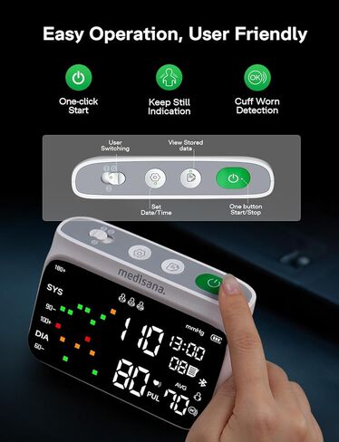 أجهزة قياس ضغط الدم من ميديسانا للاستخدام المنزلي، جهاز قياس ضغط الدم في الذراع العلوي قابل لإعادة الشحن مع شاشة كبيرة بإضاءة خلفية LED، سوار ضغط الدم قابل للتعديل 9-17 بوصة مع ذاكرة 2 × 110 مجموعة (بدون بلوتوث) in Kuwait