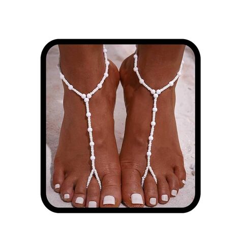 Ursumy Bead Parefoot Sandals Summer Anklet Chail Chain Crystal Crystal Carelet Jewelry for Women (2pcs) (White) in Saudi Arabia