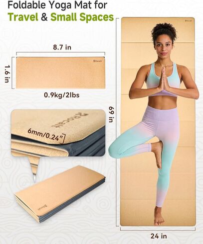 Rocalt Foldable Yoga Mat, 65"Lx24"Wx0.24" Thick, Non-Slip Lightweight Cork Foldable Exercise Mat, Packable Travel Fitness Mat with Carrying Strap for Yoga/Pilates/Camping/Floor Exercises in Kuwait