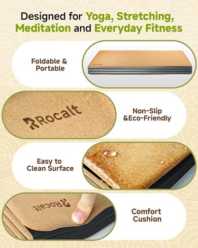 Rocalt Foldable Yoga Mat, 65"Lx24"Wx0.24" Thick, Non-Slip Lightweight Cork Foldable Exercise Mat, Packable Travel Fitness Mat with Carrying Strap for Yoga/Pilates/Camping/Floor Exercises in Kuwait