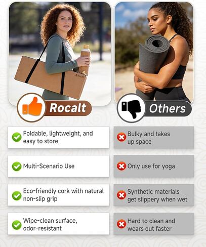 Rocalt Foldable Yoga Mat, 65"Lx24"Wx0.24" Thick, Non-Slip Lightweight Cork Foldable Exercise Mat, Packable Travel Fitness Mat with Carrying Strap for Yoga/Pilates/Camping/Floor Exercises in Kuwait