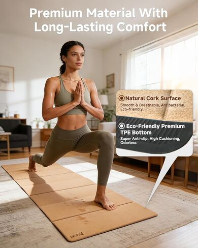Rocalt Foldable Yoga Mat, 65"Lx24"Wx0.24" Thick, Non-Slip Lightweight Cork Foldable Exercise Mat, Packable Travel Fitness Mat with Carrying Strap for Yoga/Pilates/Camping/Floor Exercises in Kuwait