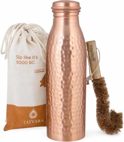 Pure Copper Water Bottle (34 oz), 100% Handmade Ayurvedic Drinking Water Bottle with Leak-Proof Lid, Includes Cleaning Brush & Gift Pouch, BPA-Free Rustic Hammered Copper Bottle in Saudi Arabia