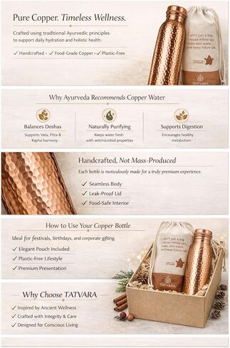 Pure Copper Water Bottle (34 oz), 100% Handmade Ayurvedic Drinking Water Bottle with Leak-Proof Lid, Includes Cleaning Brush & Gift Pouch, BPA-Free Rustic Hammered Copper Bottle in Saudi Arabia