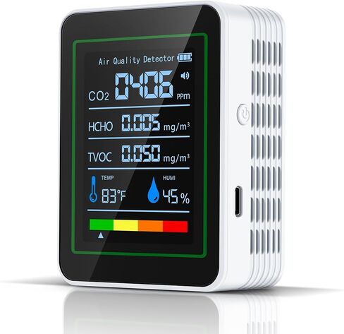 مراقب جودة الهواء الداخلي، 5 في 1 كاشف احترافي لجودة الهواء لثاني أكسيد الكربون، TVOC، HCHO، درجة الحرارة، الرطوبة للمنزل، الفندق، المكتب، السيارة (أسود) in Kuwait
