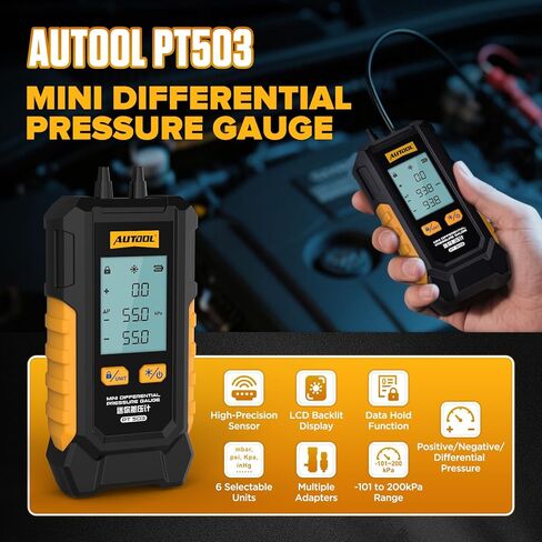 مقياس الضغط التفاضلي الصغير PT503 من AUTOOL، جهاز قياس ضغط الغاز مع مقياس ضغط مزدوج المنفذ، جهاز اختبار ضغط الهواء والغاز HVAC، نطاق -101 إلى 200 كيلو باسكال، 6 وحدات، مقياس ضغط رقمي مع قفل بيانات in Saudi Arabia