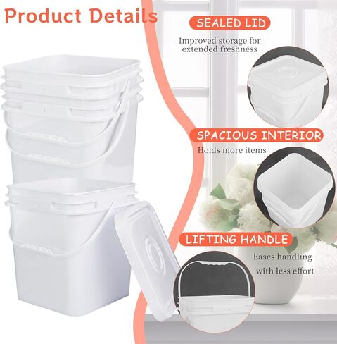 6 Pcs 3.5 Gallon Square Bucket with Plastic Handles and Lid White Lightweight Square Bucket Pail for Storing Charcoal,Dry Food, Fishing, Camping in Saudi Arabia