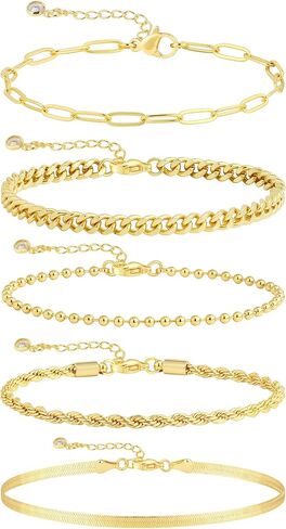 Gold Bracelets for Women, 14K Gold Plated Chunky Stackable Bracelet Set, Dainty Paperclip Chain Cuban Link Layered Non Tarnish Trendy Gold Bracelets Stack for Women in Saudi Arabia