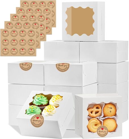 LTWQLing 50pcs White Cookie Boxes,4x4x2.5 Inches Bakery Boxes with Window,with Stickers, for Mini Cake Treat Dessert Pastry Donuts Macaroon Strawberries Chocolate Candy in Kuwait