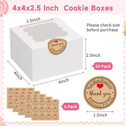 LTWQLing 50pcs White Cookie Boxes,4x4x2.5 Inches Bakery Boxes with Window,with Stickers, for Mini Cake Treat Dessert Pastry Donuts Macaroon Strawberries Chocolate Candy in Kuwait