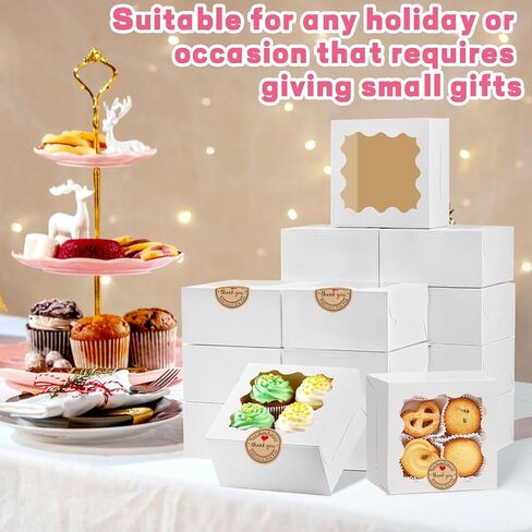 LTWQLing 50pcs White Cookie Boxes,4x4x2.5 Inches Bakery Boxes with Window,with Stickers, for Mini Cake Treat Dessert Pastry Donuts Macaroon Strawberries Chocolate Candy in Kuwait