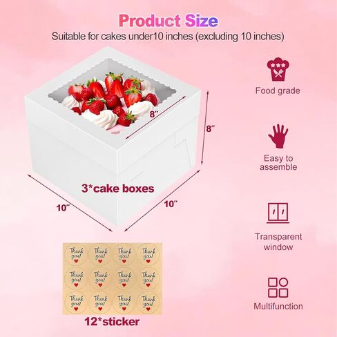3 علب كيك مقاس 10 بوصة، صندوق كيك طويل 10 × 10 × 8 بوصة مع نافذة شفافة كبيرة لنقل الكعك والكوكيز والفطائر والكب كيك والمعجنات، مثالية لحفلات الزفاف وأعياد الميلاد والمناسبات الخاصة in Kuwait