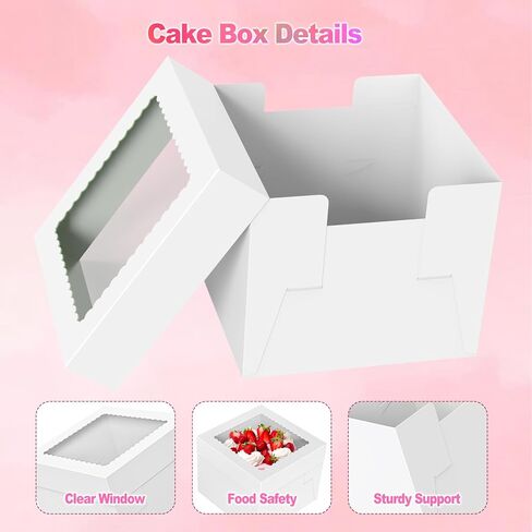 3 علب كيك مقاس 10 بوصة، صندوق كيك طويل 10 × 10 × 8 بوصة مع نافذة شفافة كبيرة لنقل الكعك والكوكيز والفطائر والكب كيك والمعجنات، مثالية لحفلات الزفاف وأعياد الميلاد والمناسبات الخاصة in Kuwait