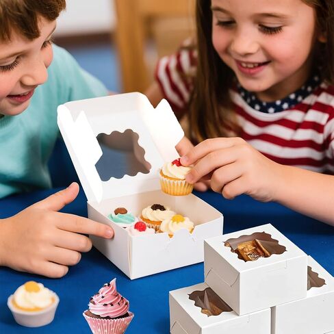 50 قطعة من علب البسكويت البيضاء من LTWQLing، 4 × 4 × 2.5 بوصة صناديق مخبز مع نافذة، مع ملصقات، للكيك الصغير، حلوى المعجنات، الكعك، المعكرون، الفراولة، حلوى الشوكولاتة in Kuwait