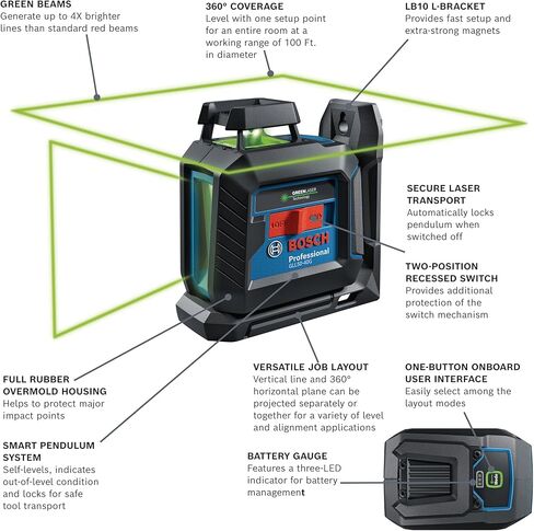 BOSCH GLL50-40G Green-Beam Self-Leveling 360 Degree Cross-Line Laser, Includes 4 AA Batteries, L-Bracket, Ceiling Clip, & Hard Carrying Case in Saudi Arabia