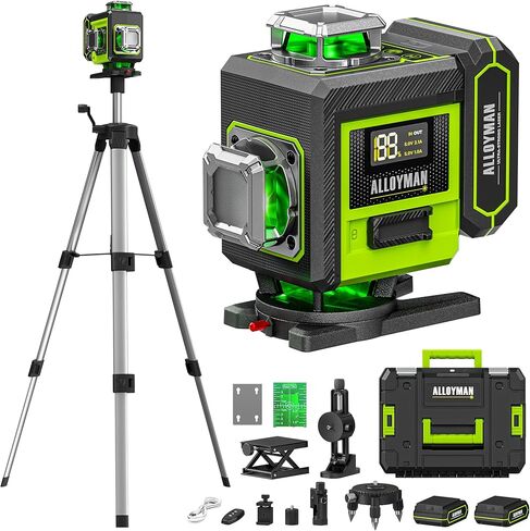 Alloyman Laser Level with Tripod, 4 × 360° Self Leveling Laser Level, Nivel Laser Green Line Lazer Leveler Tool for Picture Hanging, Home Renovation, Indoor Project, 2*Battery&Carrying Bag Included in Kuwait