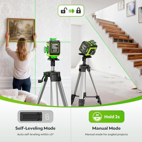 Alloyman Laser Level with Tripod, 4 × 360° Self Leveling Laser Level, Nivel Laser Green Line Lazer Leveler Tool for Picture Hanging, Home Renovation, Indoor Project, 2*Battery&Carrying Bag Included in Kuwait