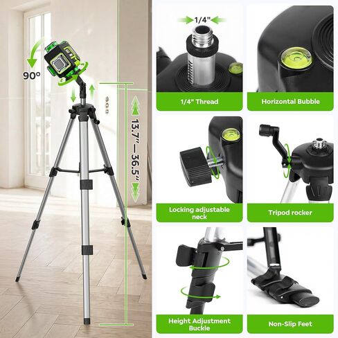 Alloyman Laser Level with Tripod, 4 × 360° Self Leveling Laser Level, Nivel Laser Green Line Lazer Leveler Tool for Picture Hanging, Home Renovation, Indoor Project, 2*Battery&Carrying Bag Included in Kuwait