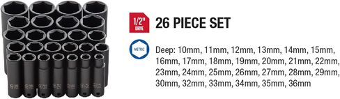 SUNEX TOOLS 2646, 1/2 Inch Drive Deep Impact Socket Set, 26-Piece, Metric, 10mm-36mm, Cr-Mo Alloy Steel, Radius Corner Design, Heavy Duty Storage Case in Kuwait