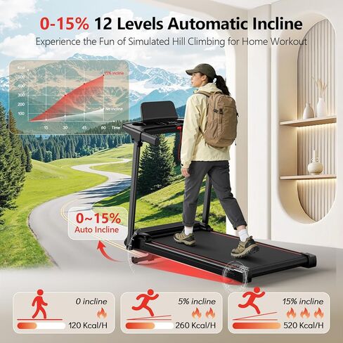 Treadmill with 0-15% Auto Incline, 0.6-7.5MPH Foldable Walking Pad Treadmill with Handle Bar for Home Small, 3.0HP Low Noise Portable Walking Running Machine for Small Space, 350LBS Capacity in Kuwait