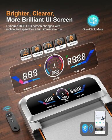 جهاز سير للمشي مع 15% 12 مستوى من الانحدار التلقائي وشاشة واجهة المستخدم، جهاز مشي Trisomy 3.5HP قابل للطي تحت المكتب مع مكبر صوت بلوتوث، أجهزة مشي محمولة للمكتب المنزلي 450 رطل، جهاز تحكم عن بعد، ضوء RGB in Kuwait