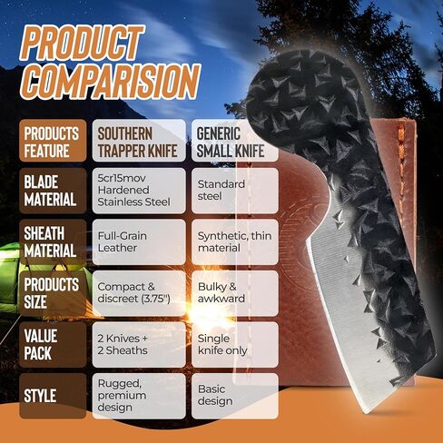 سكين جيب صغير من Southern Trapper مع أغلفة جلدية - عبوة من قطعتين - مجموعة سكاكين EDC مدمجة للتخييم والمشي لمسافات طويلة والصيد وصيد الأسماك وهدايا الحمل اليومية - سكاكين جيب للرجال والنساء in Kuwait
