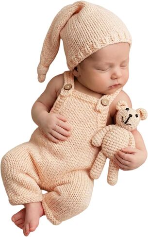 مجموعة أزياء Vemonllas Crochet Bear Hat & Romper - ملابس الصور حديثي الولادة للبنات Baby Boys - الدعائم المصنوعة يدويًا in Kuwait