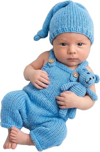 Vemonllas Crochet Bear Hat & Romper Costume Set - Newborn Photoshoot Outfits for Baby Boys Girls - Handmade Photo Props in Kuwait