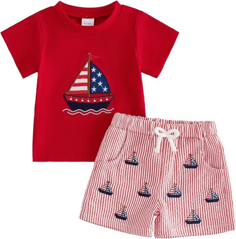 Gueuusu Toddler Baby Boy Summer Outfit Sailboat Embroidery Short Sleeve T Shirt Striped Shorts Set Infant Beach Clothes in Saudi Arabia
