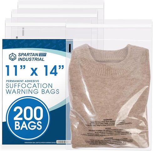 Spartan Industrial - 11 بوصة × 14 بوصة (200 قطعة) أكياس بولي شفافة ذاتية الغلق مع تحذير من الاختناق للتغليف، تي شيرت - لاصق دائم in Kuwait