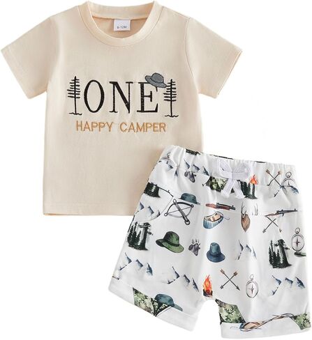 Baby Boy First Birthday Outfit Short Sleeve One Happy Camper T-Shirt Solid Shorts Set Infant Summer Cake Smash Clothes in Saudi Arabia
