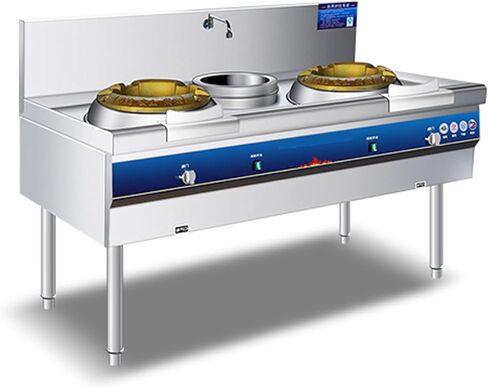 TECHTONGDA Commercial Gas Stove Chinese Wok Range Burner Stainless Steel 12.2" Gas Range LNG LPG Cooker Double Stove with Fan and Faucet for Chinese Cuisine in Saudi Arabia