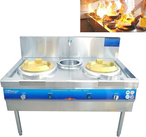 TECHTONGDA Commercial Gas Stove Chinese Wok Range Burner Stainless Steel 12.2" Gas Range LNG LPG Cooker Double Stove with Fan and Faucet for Chinese Cuisine in Saudi Arabia