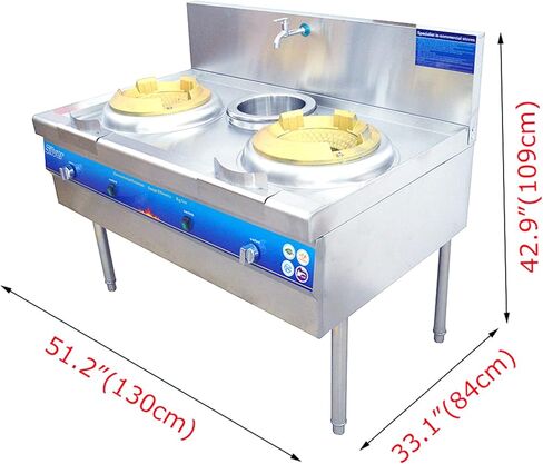 TECHTONGDA Commercial Gas Stove Chinese Wok Range Burner Stainless Steel 12.2" Gas Range LNG LPG Cooker Double Stove with Fan and Faucet for Chinese Cuisine in Saudi Arabia
