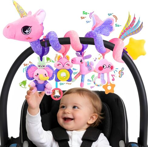 Car Seat Toys for Girls - 0-12 Months Baby Toys Spiral Stroller Music Carseat Toys with Rattle, Mirror, 5-in-1 Separable Activity Hanging Toy Newborn Sensory Toy Essentials Gifts, Unicorn in Kuwait