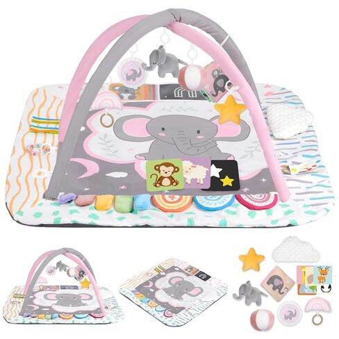 طفل Play Play Mat Activity Gym مع وسادة وقت البطن ، 6 مناطق تنموية ، حصيرة وقت البطن ، 6 ألعاب حسية قابلة للفصل وبطاقات تعليمية ، مجموعة أساسية للاستحمام الطفل ، رمادي كوالا in Kuwait