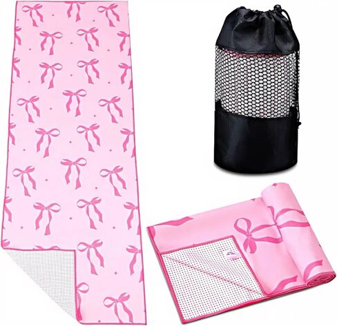 منشفة يوجا على شكل قوس وردي من Breling مع قبضة نقطة Preppy Coquette Bow غير قابلة للانزلاق، منشفة من الألياف الدقيقة الناعمة فائقة الامتصاص بدون حصيرة يوجا ساخنة 72 × 24 بوصة للبيلاتيس واللياقة البدنية وصالة الألعاب الرياضية للنساء هدايا عيد الميلاد in Saudi Arabia