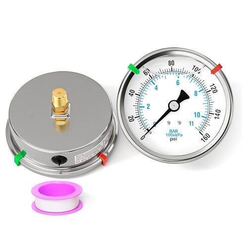 0-160PSI Stainless Steel Liquid Filled Pressure Gauge, 4" Dial Size, 1/4" NPT Back Mount, for Tube, Water Pump, Gas, Liquid, Pressure Test (with Range Mark Pointer) in Kuwait