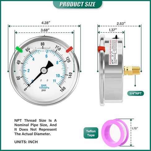 0-160PSI Stainless Steel Liquid Filled Pressure Gauge, 4" Dial Size, 1/4" NPT Back Mount, for Tube, Water Pump, Gas, Liquid, Pressure Test (with Range Mark Pointer) in Kuwait