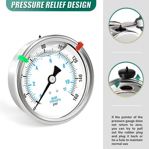 0-160PSI Stainless Steel Liquid Filled Pressure Gauge, 4" Dial Size, 1/4" NPT Back Mount, for Tube, Water Pump, Gas, Liquid, Pressure Test (with Range Mark Pointer) in Kuwait