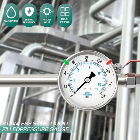 0-160PSI Stainless Steel Liquid Filled Pressure Gauge, 4" Dial Size, 1/4" NPT Back Mount, for Tube, Water Pump, Gas, Liquid, Pressure Test (with Range Mark Pointer) in Kuwait