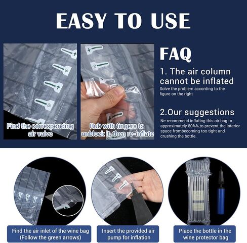 100 عبوة من حقائب حماية السفر لزجاجات النبيذ مع مضخة هواء، غطاء وسادة بعمود هوائي قابل للنفخ لحقائب سفر النبيذ لزجاجات النبيذ والطائرة، شحن آمن وأكمام تغليف الأمتعة in Kuwait