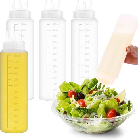 4 عبوات من زجاجات الضغط البلاستيكية سعة 23oz، زجاجات البهارات، موزعات الصلصة القابلة لإعادة الملء مع فوهة ثلاثية الفتحات للكاتشب والشراب والتتبيلة والزيت والعسل in Kuwait