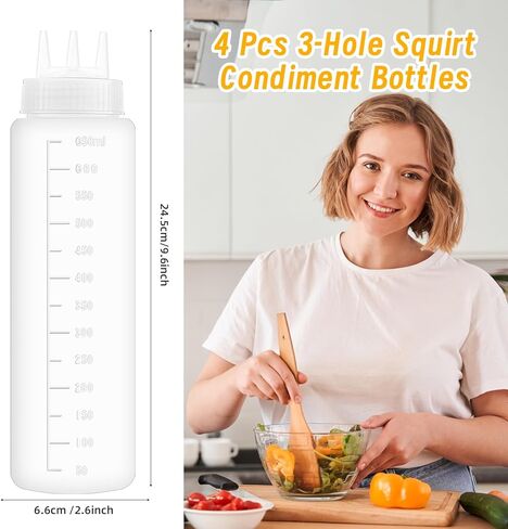 4 عبوات من زجاجات الضغط البلاستيكية سعة 23oz، زجاجات البهارات، موزعات الصلصة القابلة لإعادة الملء مع فوهة ثلاثية الفتحات للكاتشب والشراب والتتبيلة والزيت والعسل in Kuwait